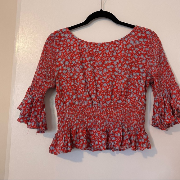 Free People A Bit of Something Sweet Printed Blouse Womens Small Red Blue - Picture 5 of 6